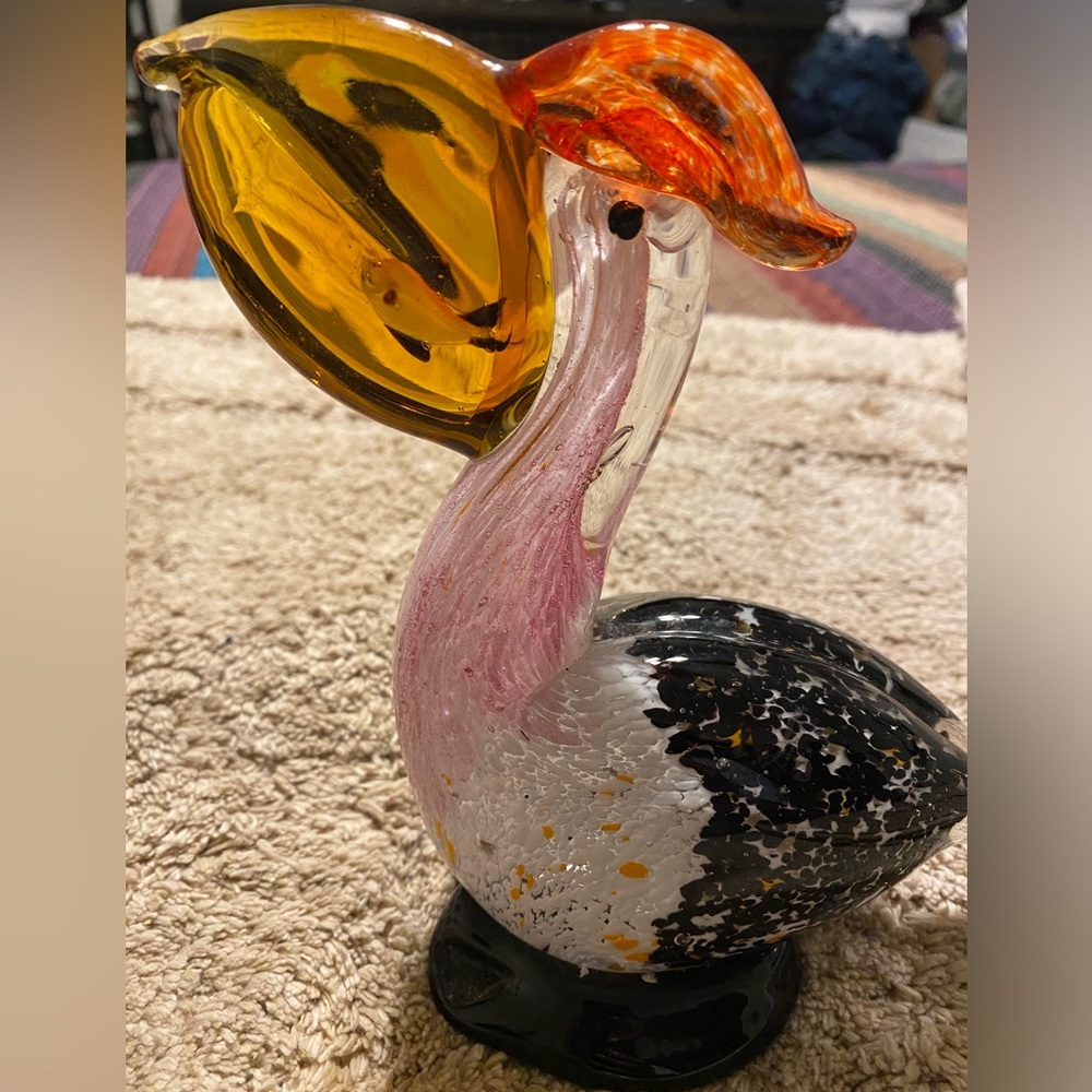 Glass pelican maybe Murano gold specks. Fish in beak vintage